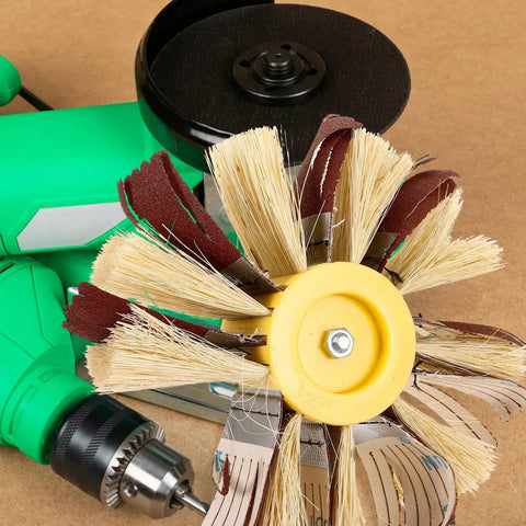 Sleek Drum Sander Sandpaper For Wood Polishing And Smoothing Furniture Buffing Wheel Accessories Fit Rotary Tools For Grooves And Intricate Shapes close-up view with bristles and sanding pads
