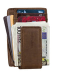 Ultra Slim Wallet For Men With RFID Blocking 13.56 MHz, front view showing card slots and money clip, coffee color.