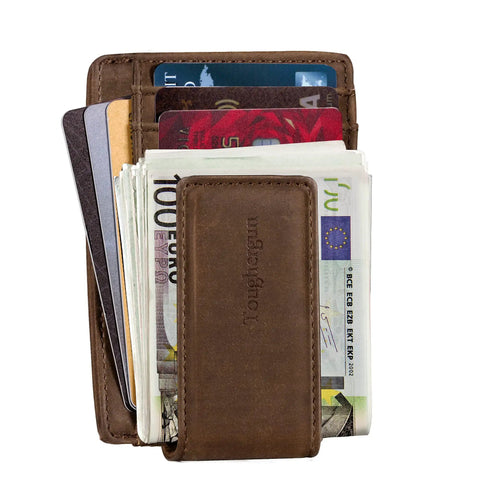 Ultra Slim Wallet For Men With RFID Blocking 13.56 MHz, front view showing card slots and money clip, coffee color.