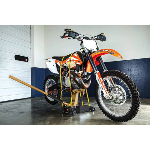4000 Lb 3 In 1 Garage Floor Jack With Tie Down Straps lifting a motorcycle in a garage setting, demonstrating heavy duty use.
