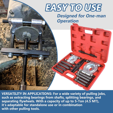 12-Piece Bearing Separator And Puller Set, 5-Ton Capacity, heavy duty flywheel splitter tool with 2 and 3 inch jaws, displayed open in storage case