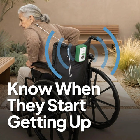 Elderly woman in wheelchair with pull string alarm for fall prevention and anti wandering with chair magnet clip.