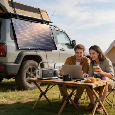 Road Ready Portable Solar Generator With 1056 Wh LiFePO4 Battery And 1600 W Ac Output Packs Serious Juice Via Foldable 100 Watt Panel used by campers at a table.
