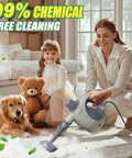 Hella Efficient Handheld Pressurized Steam Cleaner With Auto Spray Mode And 13 Piece Kit on carpet, used by a woman with a girl and dog.