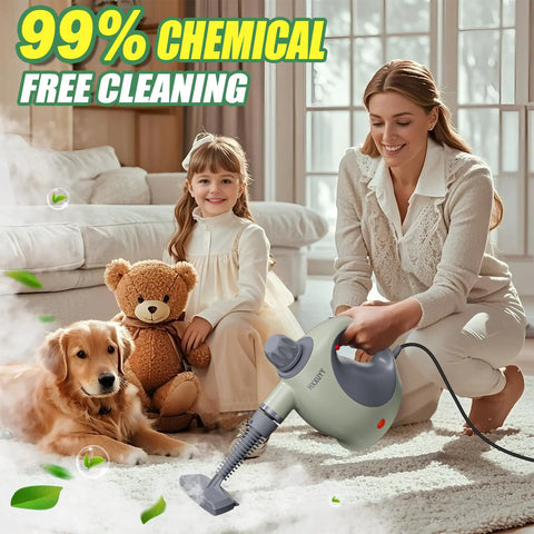 Hella Efficient Handheld Pressurized Steam Cleaner With Auto Spray Mode And 13 Piece Kit on carpet, used by a woman with a girl and dog.