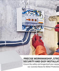 Heavy Duty 12 by 12 by 4 Inch PVC Junction Box With Pre Molded Three Quarter Inch and One Inch Knockouts Waterproof Outdoor Electrical Enclosure Project Conduit Box For Weatherproof Wiring installed on a wall with wiring connections.