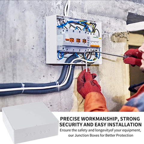 Heavy Duty 12 by 12 by 4 Inch PVC Junction Box With Pre Molded Three Quarter Inch and One Inch Knockouts Waterproof Outdoor Electrical Enclosure Project Conduit Box For Weatherproof Wiring installed on a wall with wiring connections.