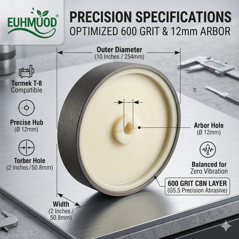 Top Shelf 10 Inch CBN Grinding Wheel Featuring 600 Grit Cubic Boron Nitride For Sharp As A Tack Knife And Smooth Chisel Edge Polish, showing precise specs.