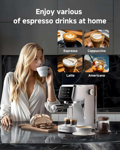 Woman using 20 Bar Espresso Machine With Milk Frother For Rich Crema At Home, Lightning Fast 30 Second Preheat, 1350W High Pressure Coffee Maker