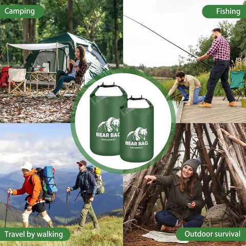 Bear Proof Camping Hanging Kit With 15L Scent Proof Bag used for camping, fishing, travel, and survival activities.