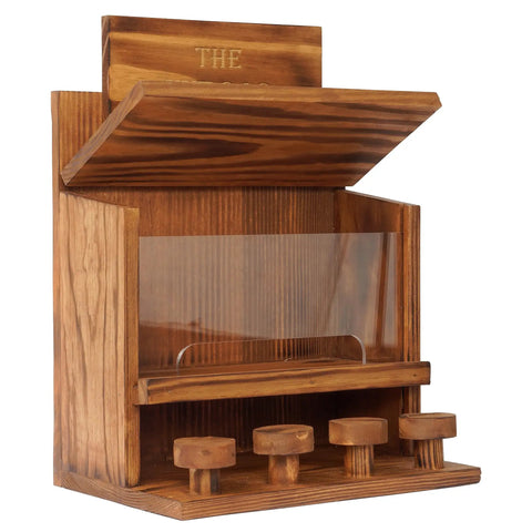 Front view of Wooden Squirrel Picnic Table Feeder with durable solid frame and clear acrylic feeding panel top