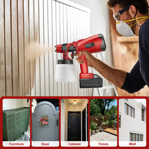 Cordless Paint Sprayer Featuring A Powerful Brushless Motor And Three Adjustable Patterns For Flawless Cabinet And Fence Finishing, painting a wooden fence.