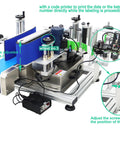 Lay Off The Manual Grind With This Automatic Round Bottle Labeling Machine Featuring A HighSpeed QuickPrint Encoder And Smooth Conveyor For 15 To 39 Inch Bottles, showing printer and adjustment wheel details.