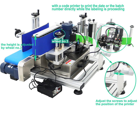 Lay Off The Manual Grind With This Automatic Round Bottle Labeling Machine Featuring A HighSpeed QuickPrint Encoder And Smooth Conveyor For 15 To 39 Inch Bottles, showing printer and adjustment wheel details.