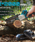 Person using 6-inch cordless power saw from Mini Chainsaw And Electric Pruning Shears Combo For Yard Work with batteries shown
