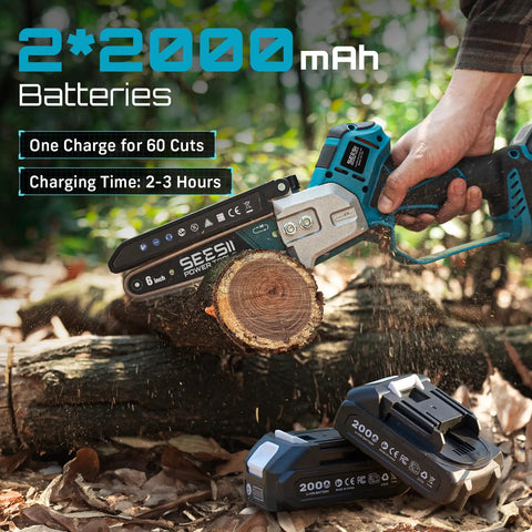 Person using 6-inch cordless power saw from Mini Chainsaw And Electric Pruning Shears Combo For Yard Work with batteries shown