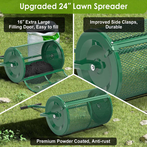 Heavy Duty 24 Inch Compost Spreader For Lawn And Garden With Beefed Up Peat Moss And Topsoil Spreader Three Height Settings Powder Coated Metal Mesh Side Latch Upgrade Tow Or Push Versatility