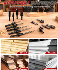 Killer 15 Piece Countersink Drill Bit Set For Woodworking Designed For Flush Screws And Chamfer Cutting Tools Paired With Precision Plug Cutters Inside A Slick Travel Case with applicable materials including wood, plastic, and copper.