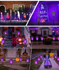 Solar Tiki Torch Lights Eight Piece Purple Outdoor Garden Decor creating flickering flames in Halloween and Christmas settings
