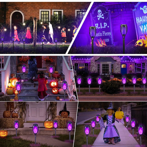 Solar Tiki Torch Lights Eight Piece Purple Outdoor Garden Decor creating flickering flames in Halloween and Christmas settings