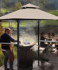 Grill Gazebo Replacement Canopy Roof For 5x8 Foot Outdoor BBQ Gazebo Top Cover Double Layer Weather Resistant Durable Polyester Fabric Keeps Sun And Rain Off Fits Model L-GG001PST-F Khaki installed over BBQ area.