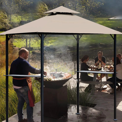 Grill Gazebo Replacement Canopy Roof For 5x8 Foot Outdoor BBQ Gazebo Top Cover Double Layer Weather Resistant Durable Polyester Fabric Keeps Sun And Rain Off Fits Model L-GG001PST-F Khaki installed over BBQ area.