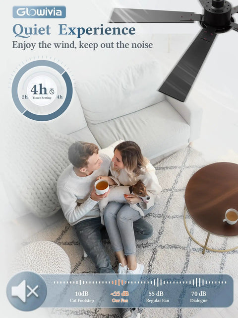 Couple relaxing under 52 Inch Black Smart Ceiling Fan with Dimmable 3000K to 6000K LED Light, remote and app controlled.