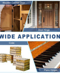 Image showing Top Shelf 10 Inch Gold Piano Hinge Pack Heavy Duty 304 Stainless Steel Continuous Hinges With Pre Drilled Holes For Wood Cabinets Gates Boat Hardware Built Like A Tank With Killer Durability And Zero Fuss in various applications including cabinet doors and crates.