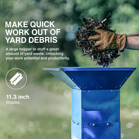 Person using Electric Leaf Mulcher Shredder For Yard Cleanup, Heavy Duty 120V, 11 Inch Cutting Blade, 0.5 Inch Max Capacity
