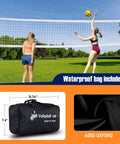 Heavy Duty Volleyball Net For Backyard And Pool Play, 32x3 Feet With 4 Inch Mesh, AVP NCAA Standard, shown with storage bag