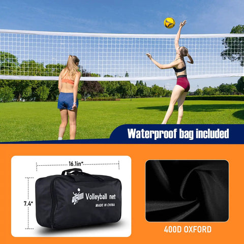 Heavy Duty Volleyball Net For Backyard And Pool Play, 32x3 Feet With 4 Inch Mesh, AVP NCAA Standard, shown with storage bag