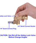 PWACCS brass pressure washer pivoting coupler with 1/4-inch quick-connect plug and socket, safety lock valve side view