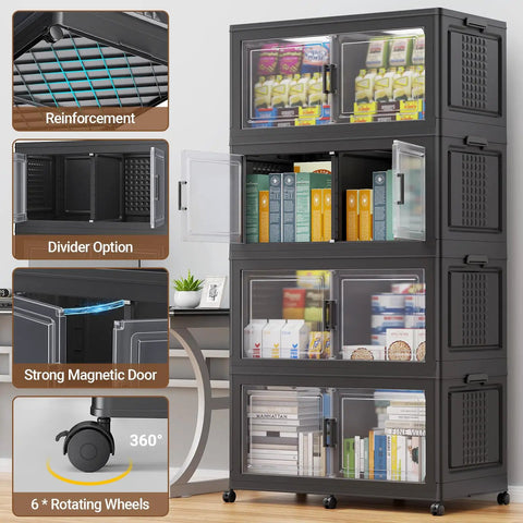 Industrial Grade 800 Quart Stackable Storage Bins With Smooth Wheels And Secure Doors Hella Spacious Foldable Cabinet Organizer Set Four Pack Black Divided Garage Shelves