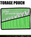 Thin But Mighty 9 Piece Open End Wrench Set Metric With Roll Up Pouch One Eighth Inch Thick For Tight Spots in green pouch