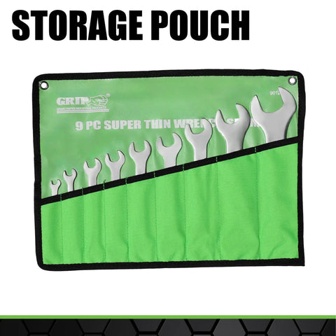 Thin But Mighty 9 Piece Open End Wrench Set Metric With Roll Up Pouch One Eighth Inch Thick For Tight Spots in green pouch