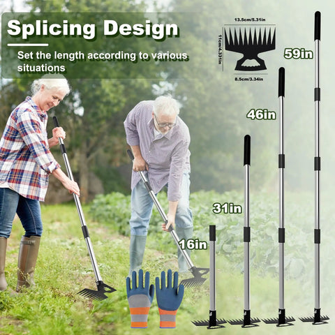 Two people using Long Reach 60 Inch Weed Puller Tool With Dual Sided 2 In 1 Weed Rake And Garden Hoe in a garden setting.