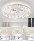 20 Inch Low Profile Bladeless Ceiling Fan With Lights And Remote Oscillating Modern LED Ceiling Fan showing air flow and remote control.