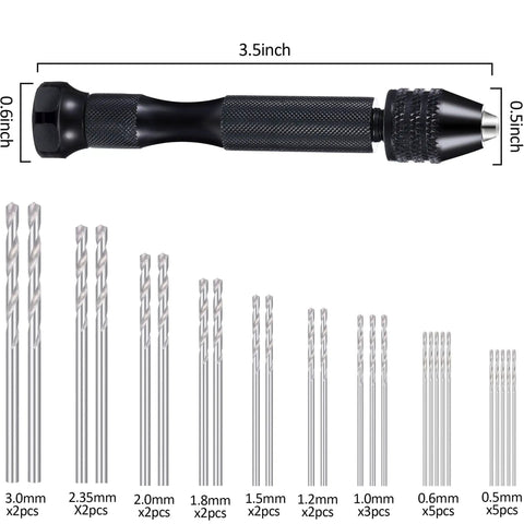 37 Piece Hand Twist Drill Tool Set With Pin Vise Mini Drill Bits And Bench Vise For Craft Carving Resin DIY Jewelry Making 0.3-1.2 Millimeter Range Super Handy For Detail Work At Home