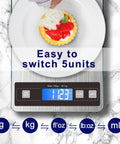 22 Pound Digital Kitchen Scale With Type C And Battery Dual Charging, Pro Grade 1g 0.1oz Precision, waterproof LCD display showing weight.
