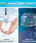 Hand creating instant snow and a cube-shaped bubble from Science Magic Kit For Kids With 100 Plus Experiments And Magic Tricks.