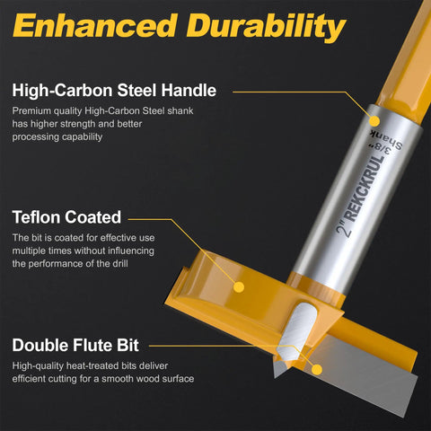 16 Piece Premium Carbide Tipped Forstner Drill Bit Set Featuring Knockout Hex Shank And No Slip Grip displaying high-carbon steel handle and Teflon coating.
