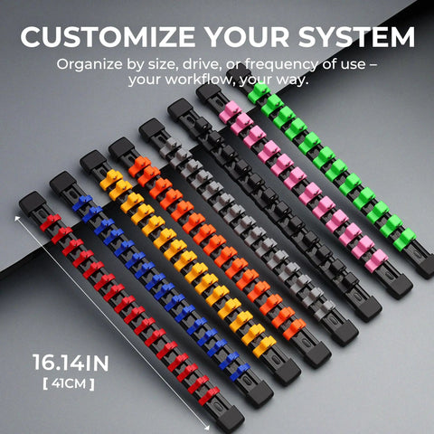 Nine Piece Socket Organizer Set Pro Grade Heavy Duty ABS Rail With End Caps For Easy Clip Adjustment Fits Most Brands