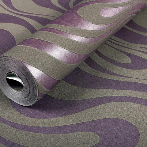 3D Flocking Wall Wallpaper Roll With Abstract Curve Pattern In Striped Purple For A Dope Accent Wall Non Woven Upgrade