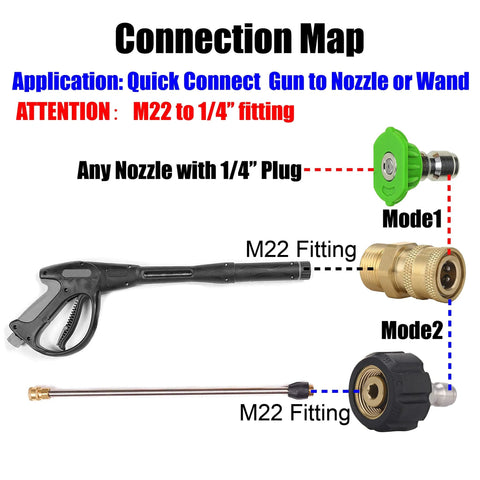 M MINGLE pressure washer adapter set with quick-connect gun-to-wand, brass M22 to 1/4 in fittings, green connector