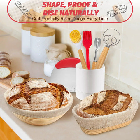 All In One Sourdough Starter Kit With Round And Oval Banneton Baskets, Starter Jar, Silicone Bread Sling, Lame With Five Blades, Dough Whisk