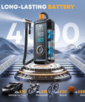 Portable Tire Inflator Air Compressor With Digital Pressure Gauge, Cordless 12V DC Pump shown with battery life and applications