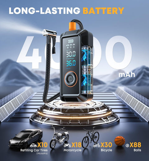 Portable Tire Inflator Air Compressor With Digital Pressure Gauge, Cordless 12V DC Pump shown with battery life and applications