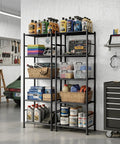 No Sweat Install Heavy Duty 5 Tier Metal Wire Shelving, Set Of 2 Compact Storage Racks With Floor Levelers For Garage, Kitchen, Pantry, Smart Way To Tame Clutter In Tiny Spaces Black in use, featuring organized garage storage.