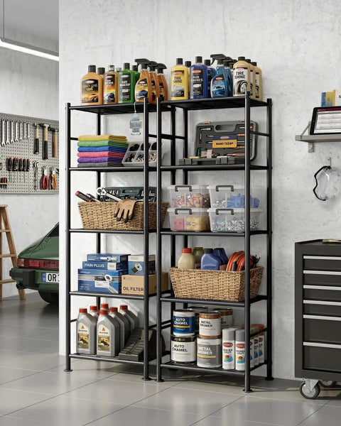 No Sweat Install Heavy Duty 5 Tier Metal Wire Shelving, Set Of 2 Compact Storage Racks With Floor Levelers For Garage, Kitchen, Pantry, Smart Way To Tame Clutter In Tiny Spaces Black in use, featuring organized garage storage.