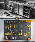 Heavy Duty Metal Peg Board Kit With 110 Pieces, 4 Black 12X16 Panels, organized tools in workshop on wall mounted storage
